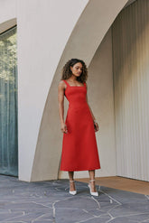 CURAAE Mia Midi Dress In Cherry Red
