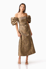 Elara Off The Shoulder Midi Dress in Leopard Print