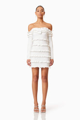 Kimberly Long Sleeve Frill Mini Dress in White