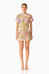 Fiora Shift Mini Dress in Green & Pink Floral