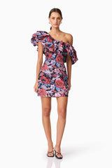 Delphine One Shoulder Mini Dress in Pink & Black Floral