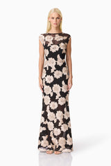 Margaux Fit & Flare Gown in Black & Gold Floral