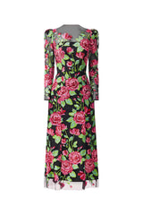 Lyra Sequin Long Sleeve Midi Dress in Pink & Green Floral