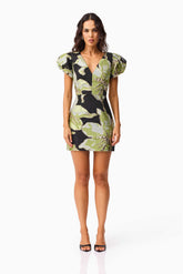 Elysia Cap Sleeve Mini Dress in Black & Green Floral