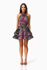 Estelle Halter Mini Dress in Black & Pink Floral