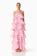 Sola Tiered Maxi Dress in Pink Polkadot