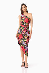Talia Asymmetrical Midi Dress in Black Floral
