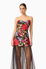 Talia Strapless Maxi Dress in Black Floral