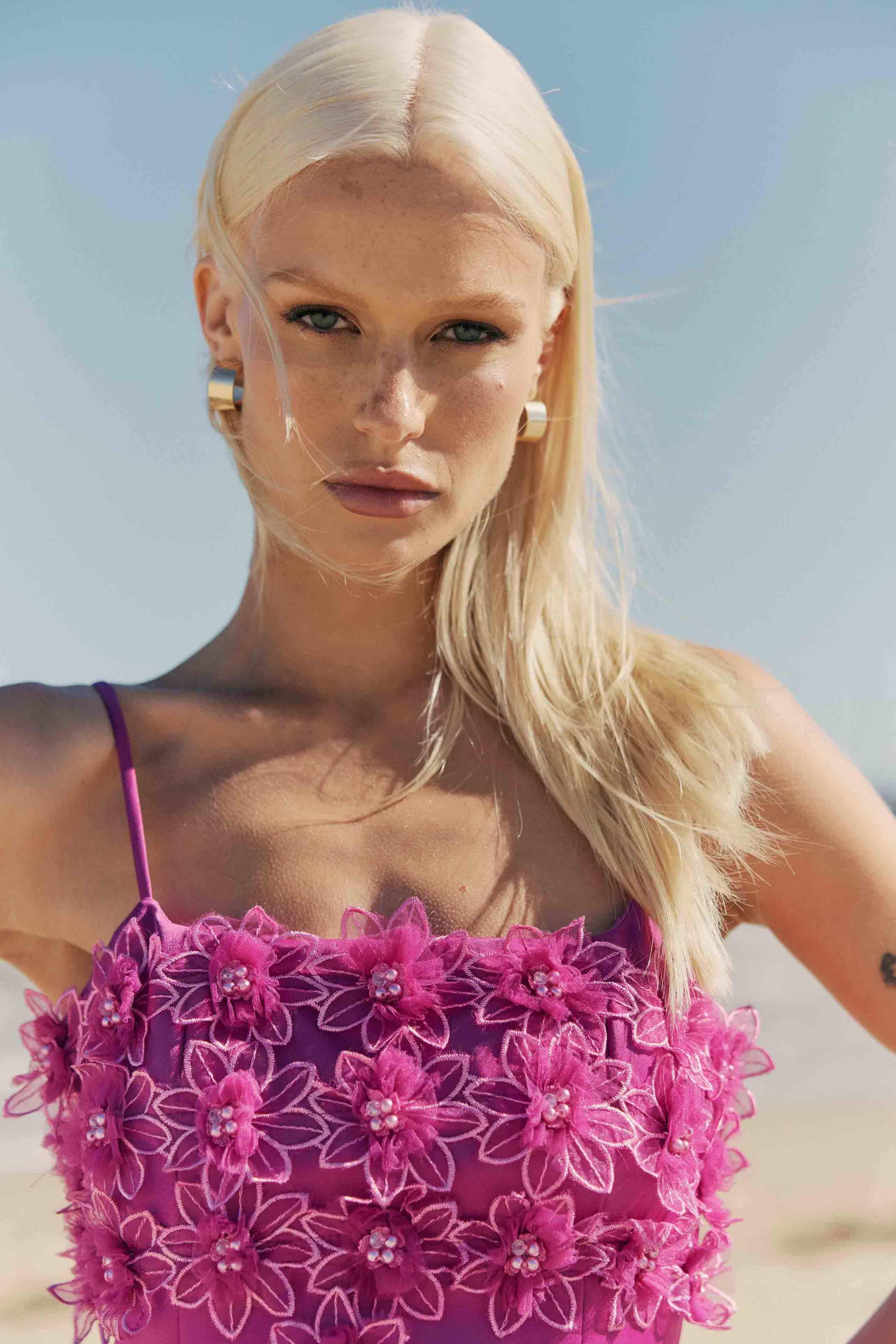 Sutton 3D Floral Mini Dress In Purple