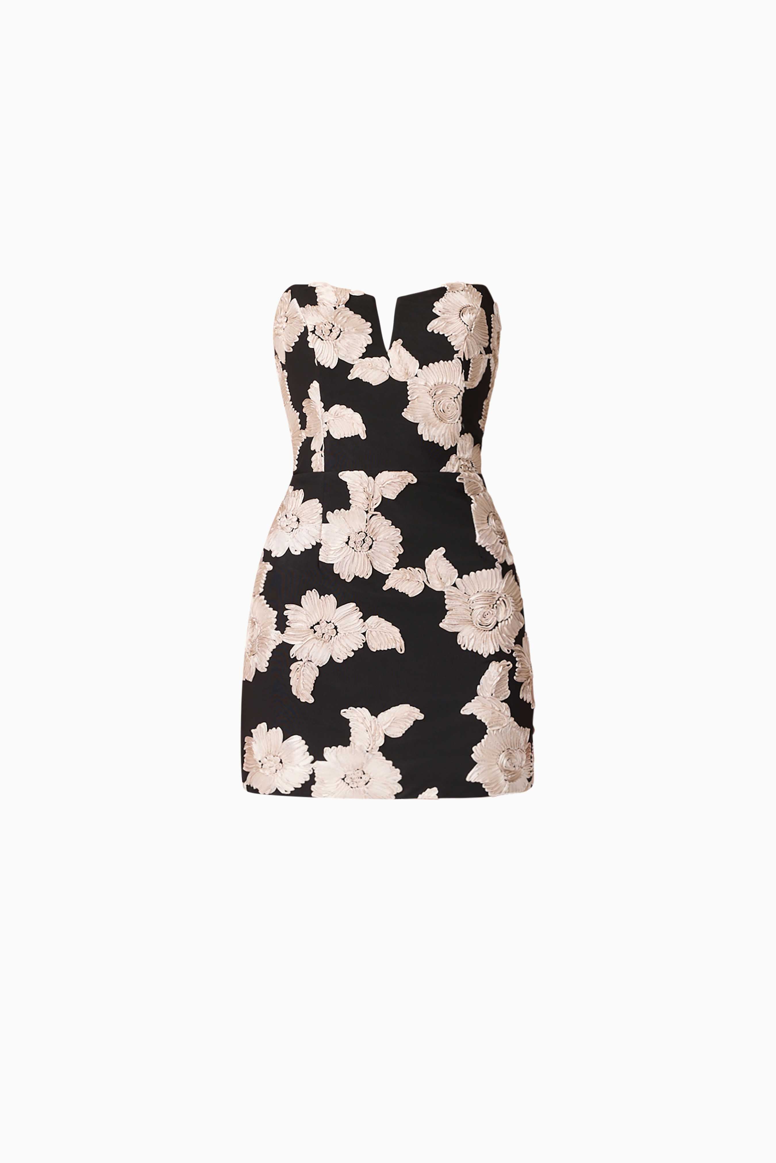 Margaux Strapless Mini Dress in Black & Gold Floral