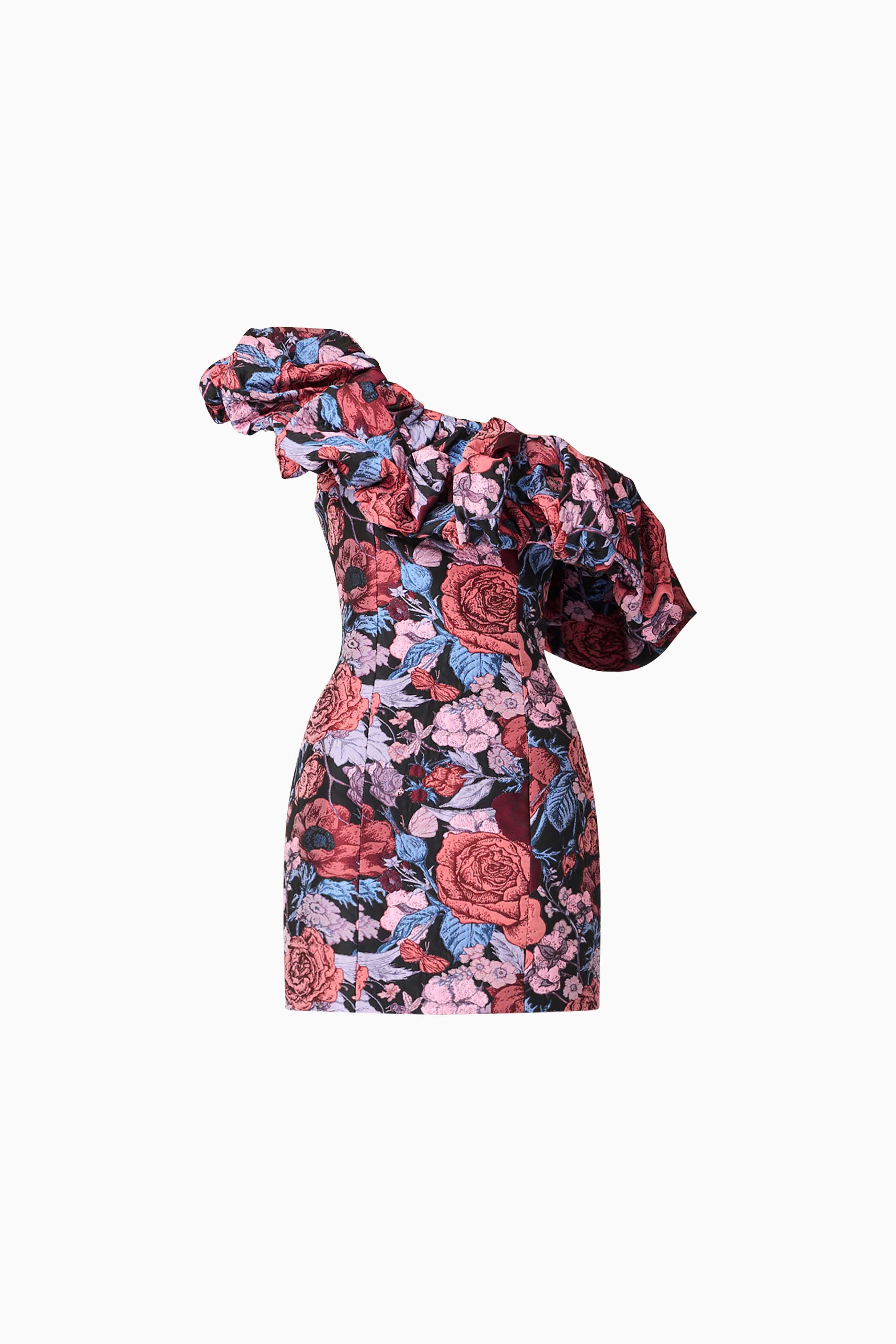Delphine One Shoulder Mini Dress in Pink & Black Floral