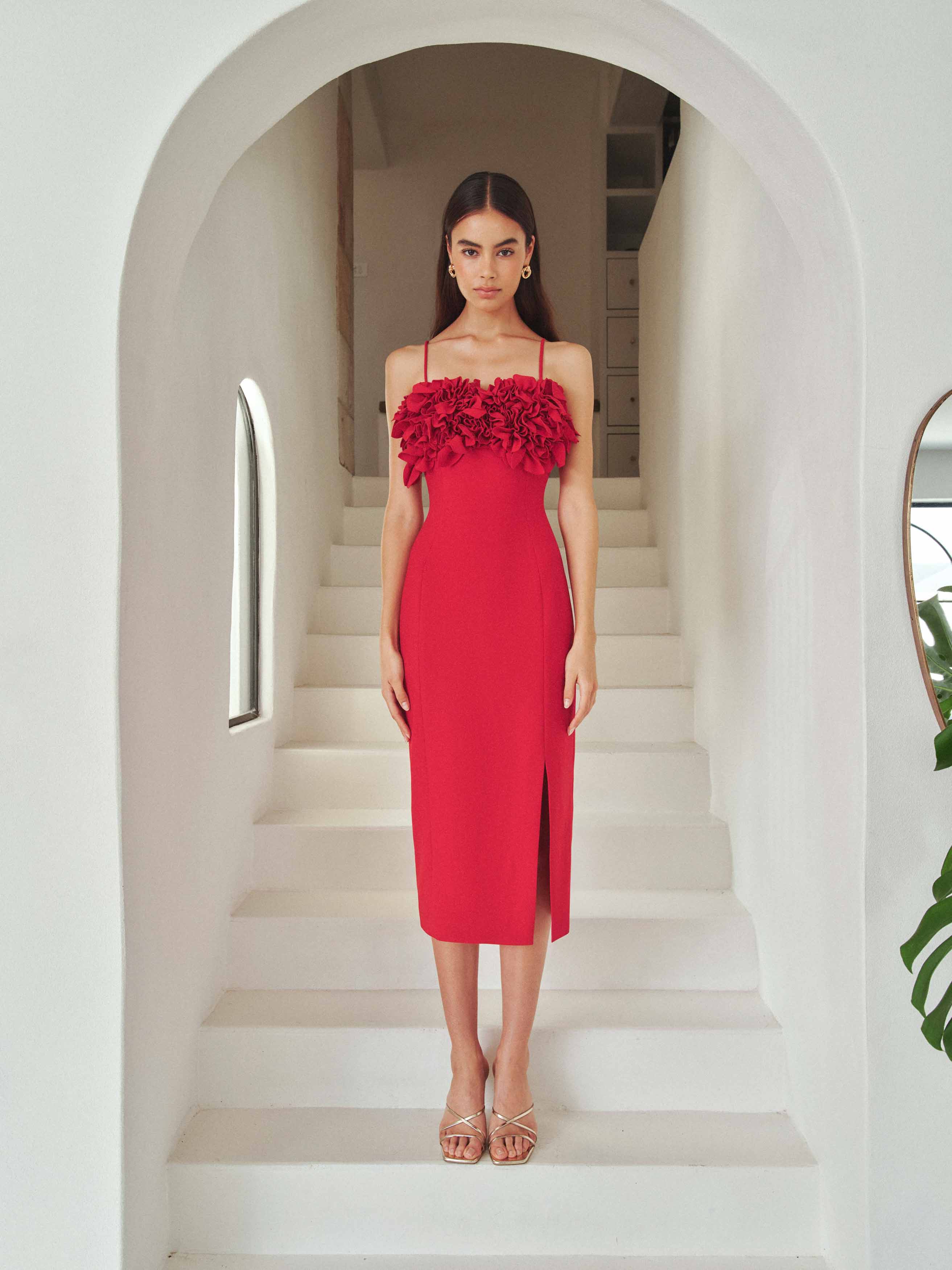 Lila Fitted Midi Dress in Red