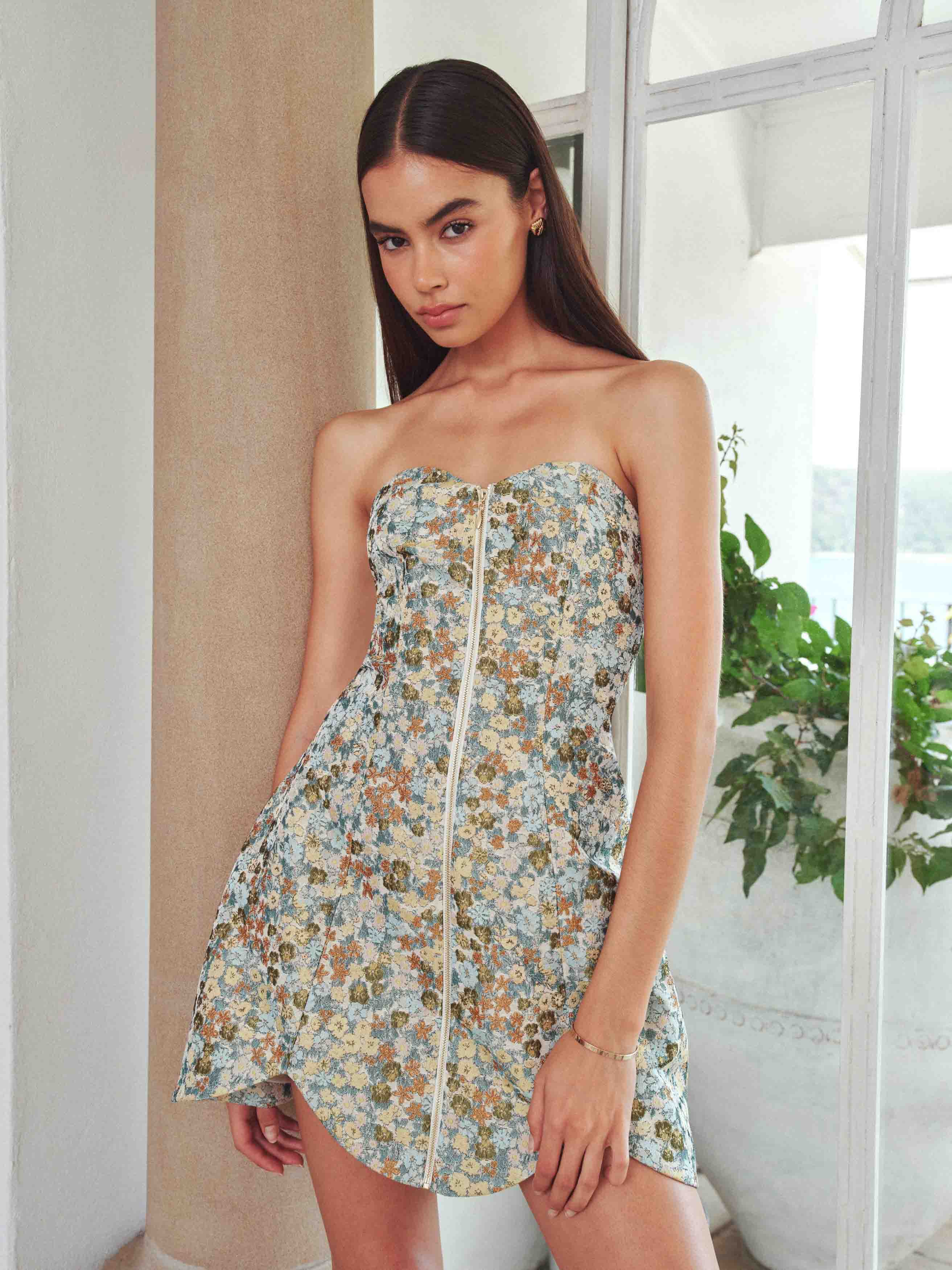 Tasmin Strapless Mini Dress in Blue & Yellow Floral