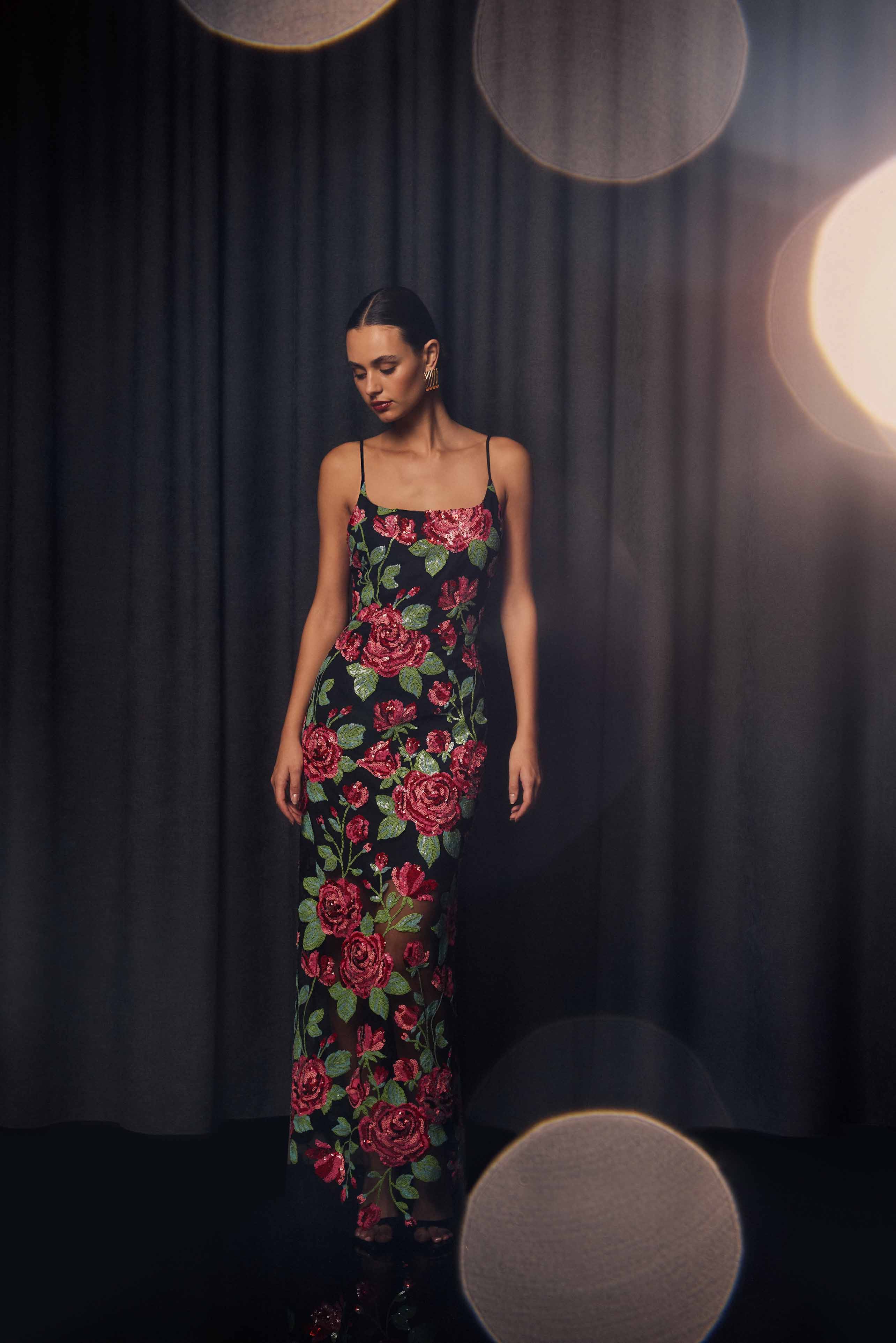 Lyra Sequin Gown in Pink & Green Floral