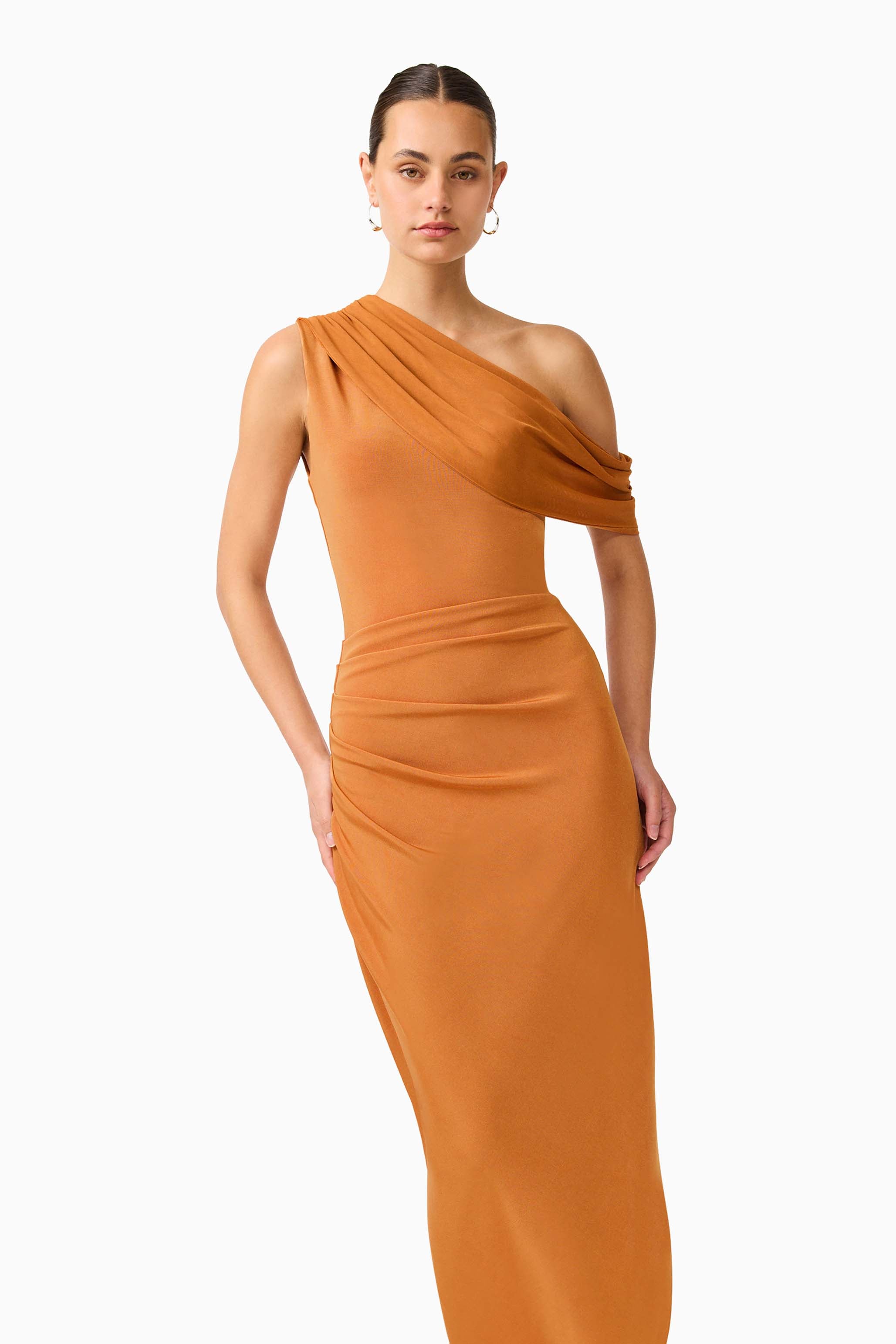 CURAAE Roya Off Shoulder Maxi Dress in Caramel Brown