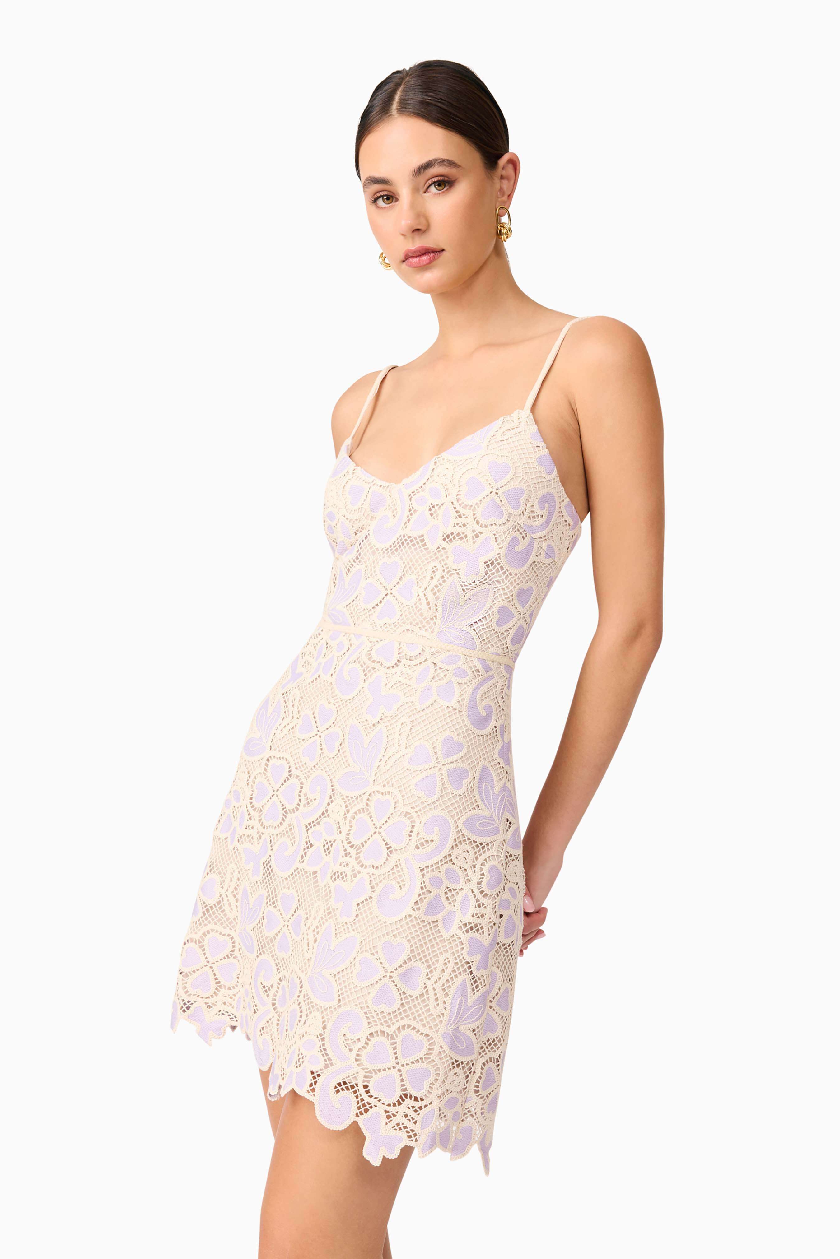 Jasmine Crochet Mini Dress in Purple & Beige