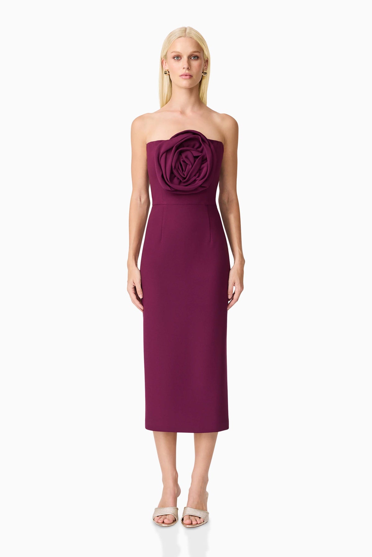 Theresa Strapless Midi Dress in Burgundy