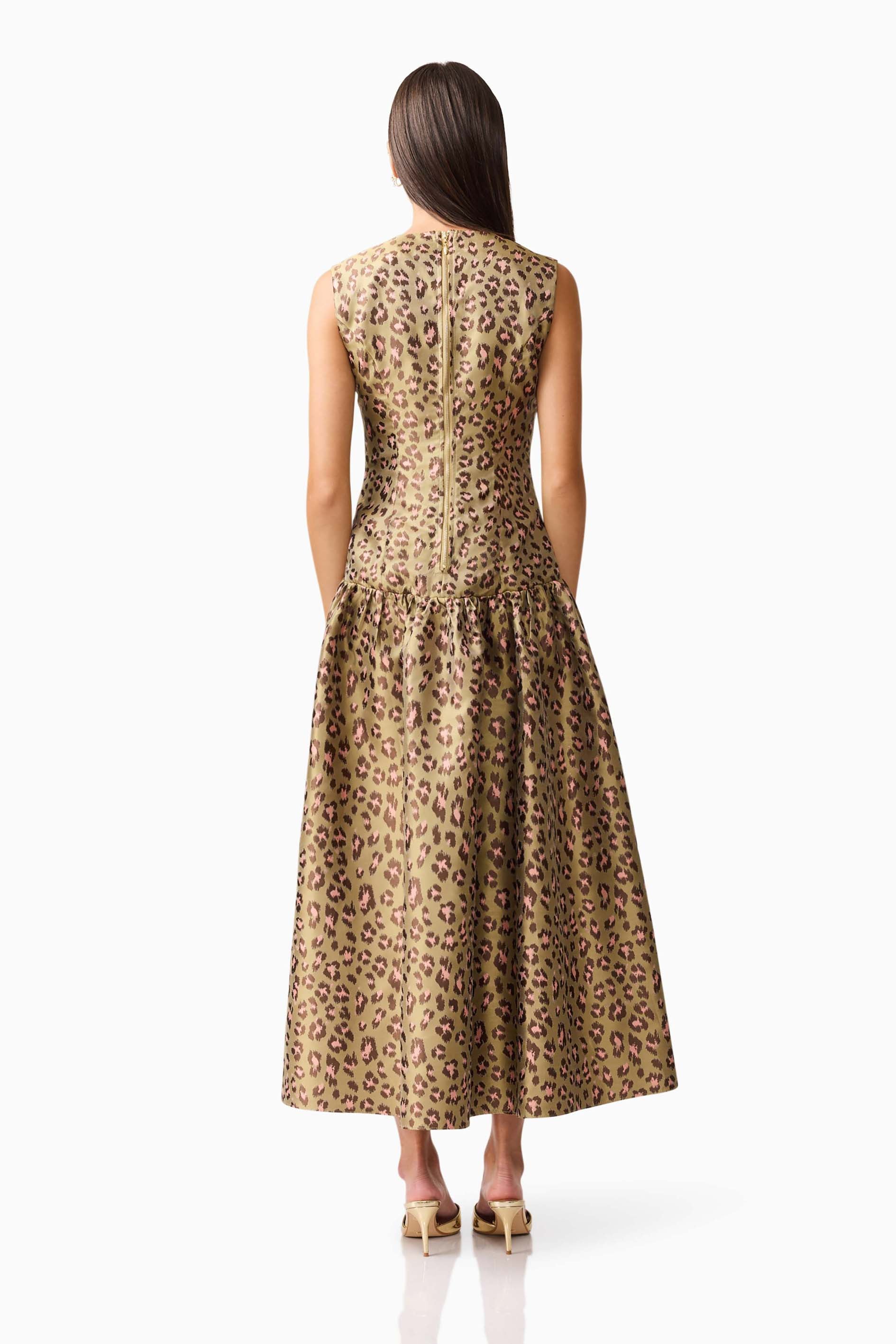 Elara Drop Waist Midi Dress in Leopard Print