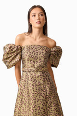 Elara Off The Shoulder Midi Dress in Leopard Print