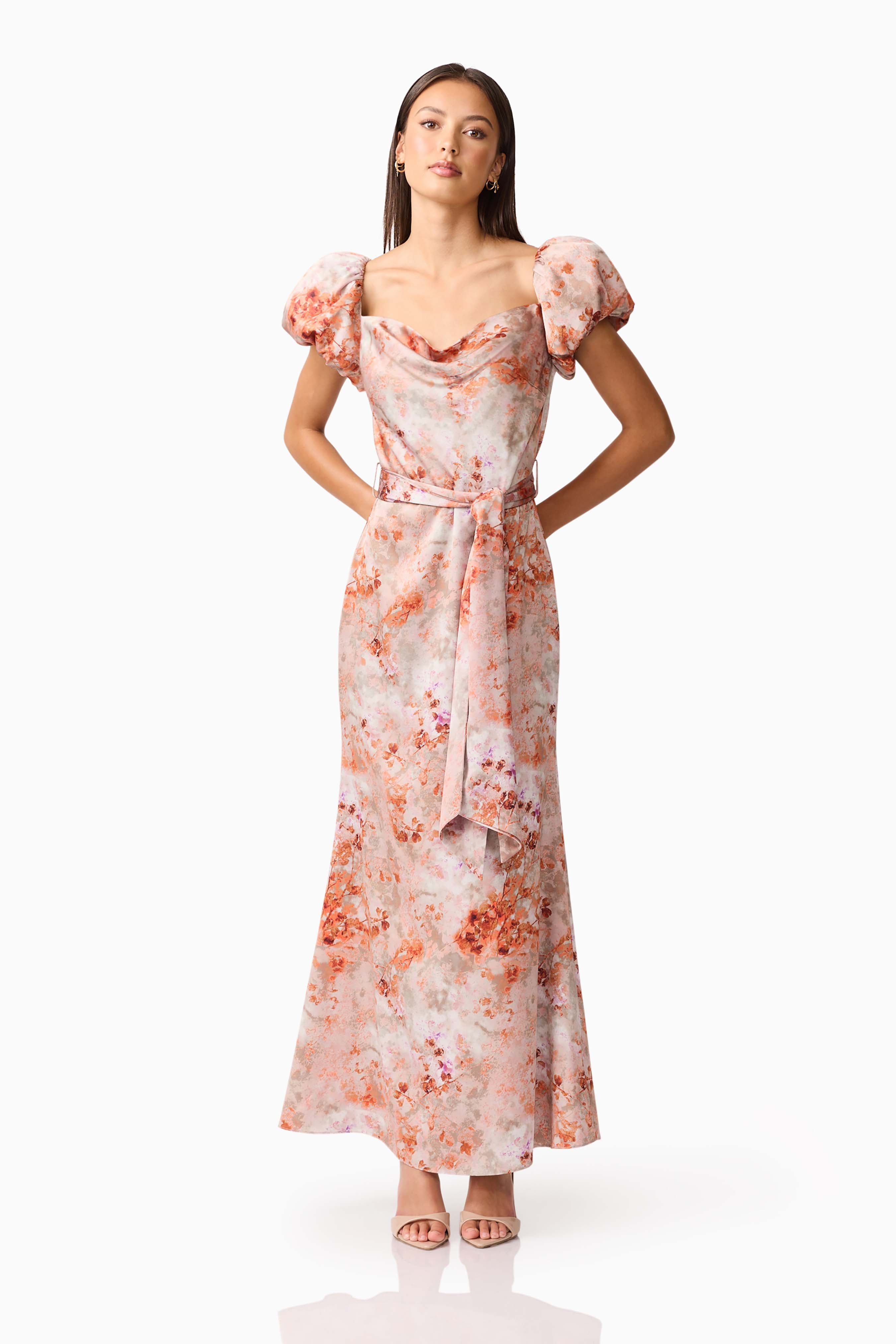 Piper Puff Sleeve Maxi Dress in Orange Floral