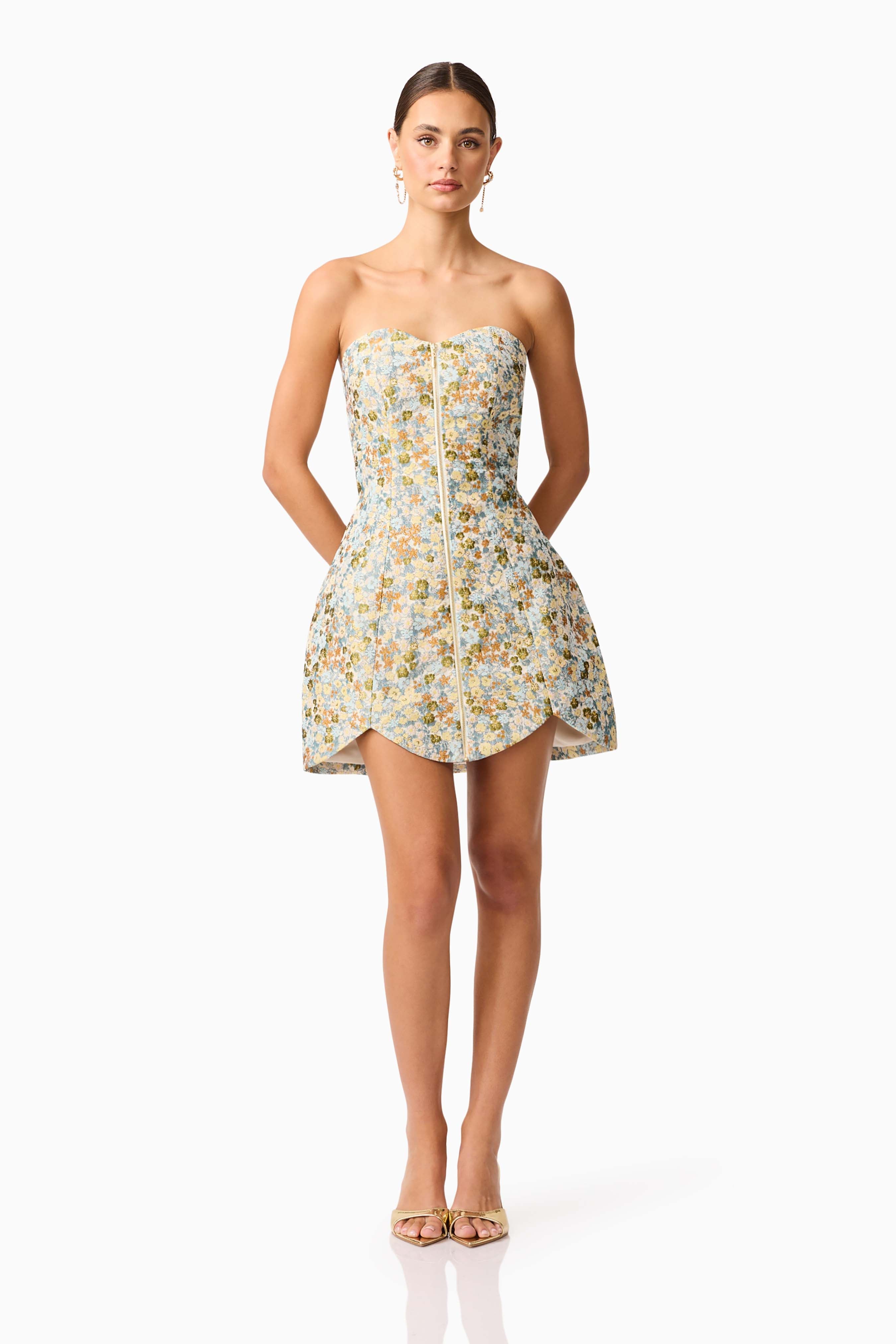 Tasmin Strapless Mini Dress in Blue & Yellow Floral