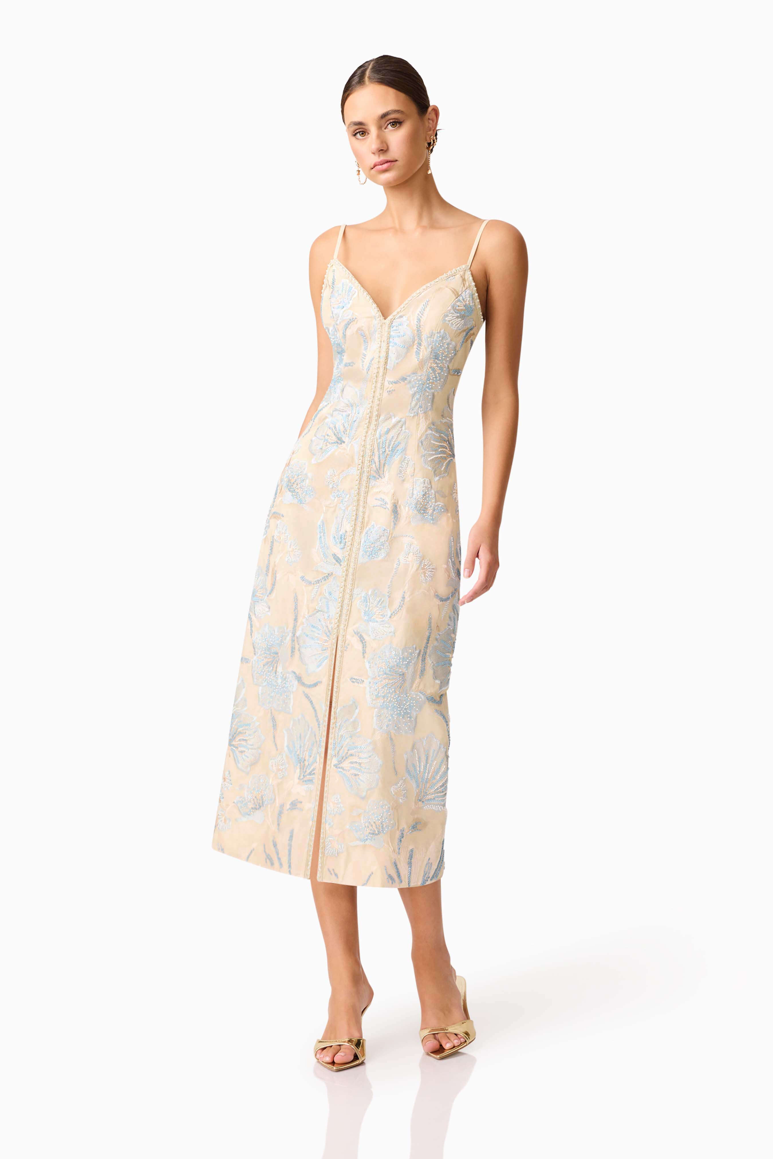 Nia Embroidered Midi Dress in Biege