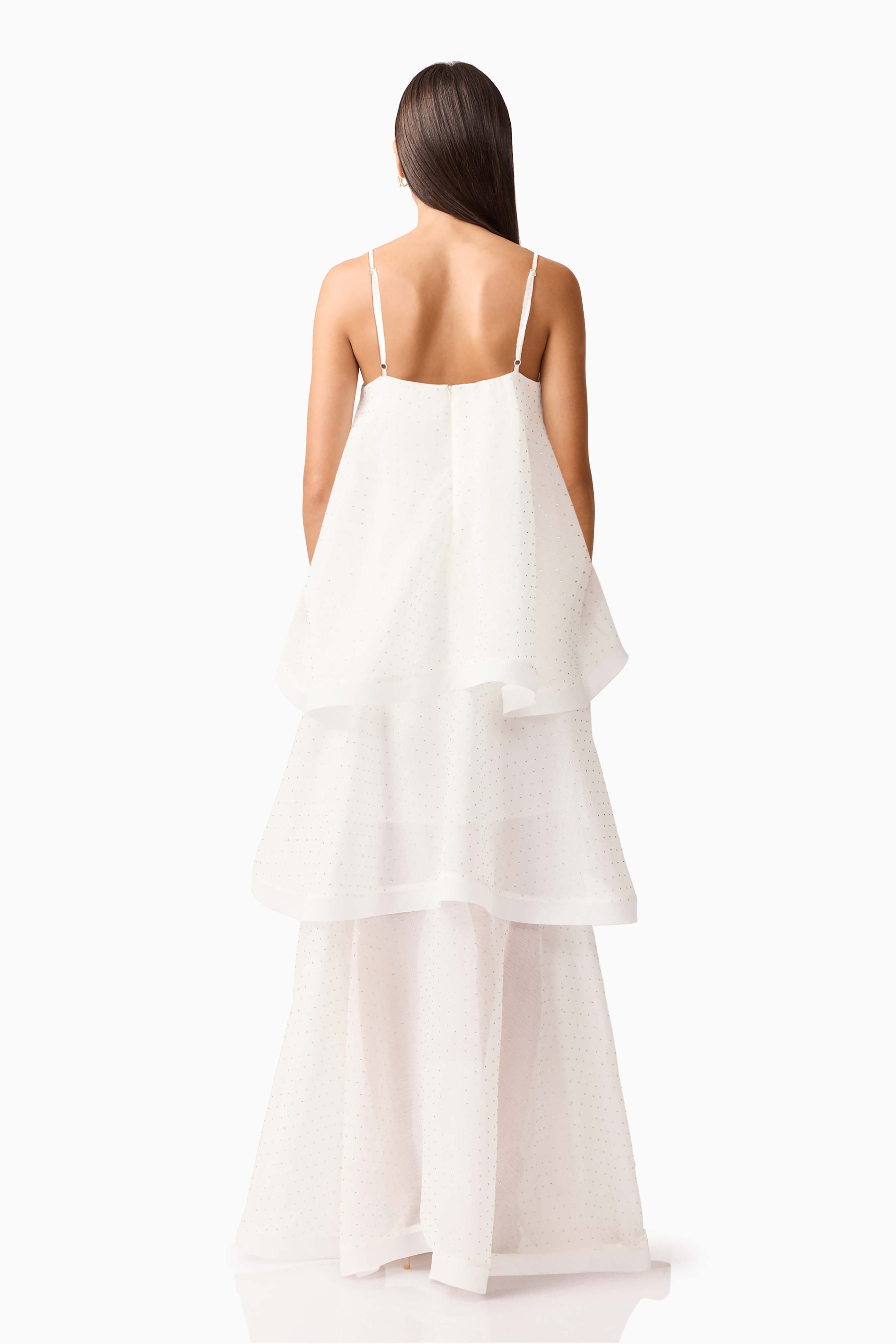 Moss Tiered Embellished Gown in White