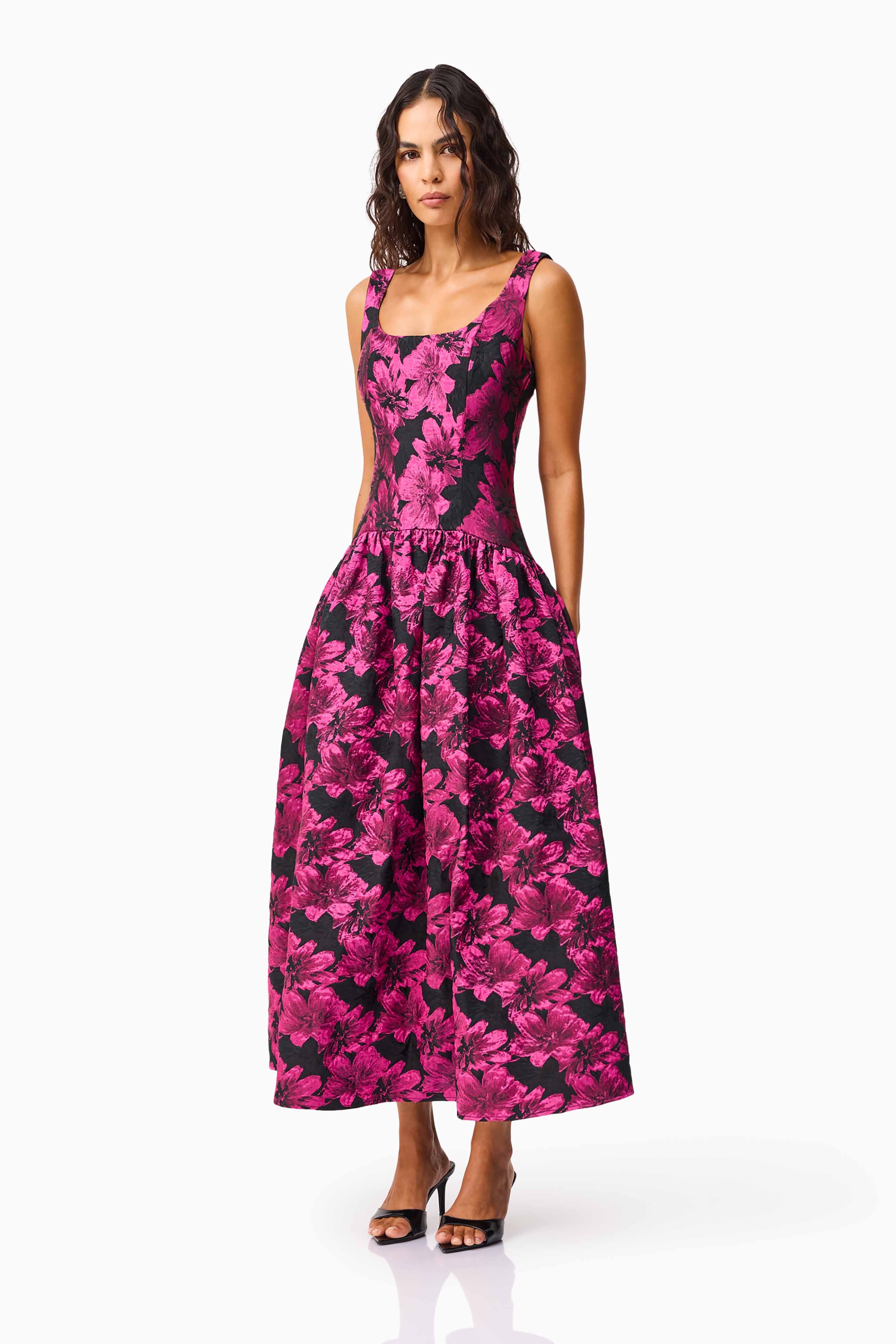 Holly A-Line Gown in Pink & Black Floral