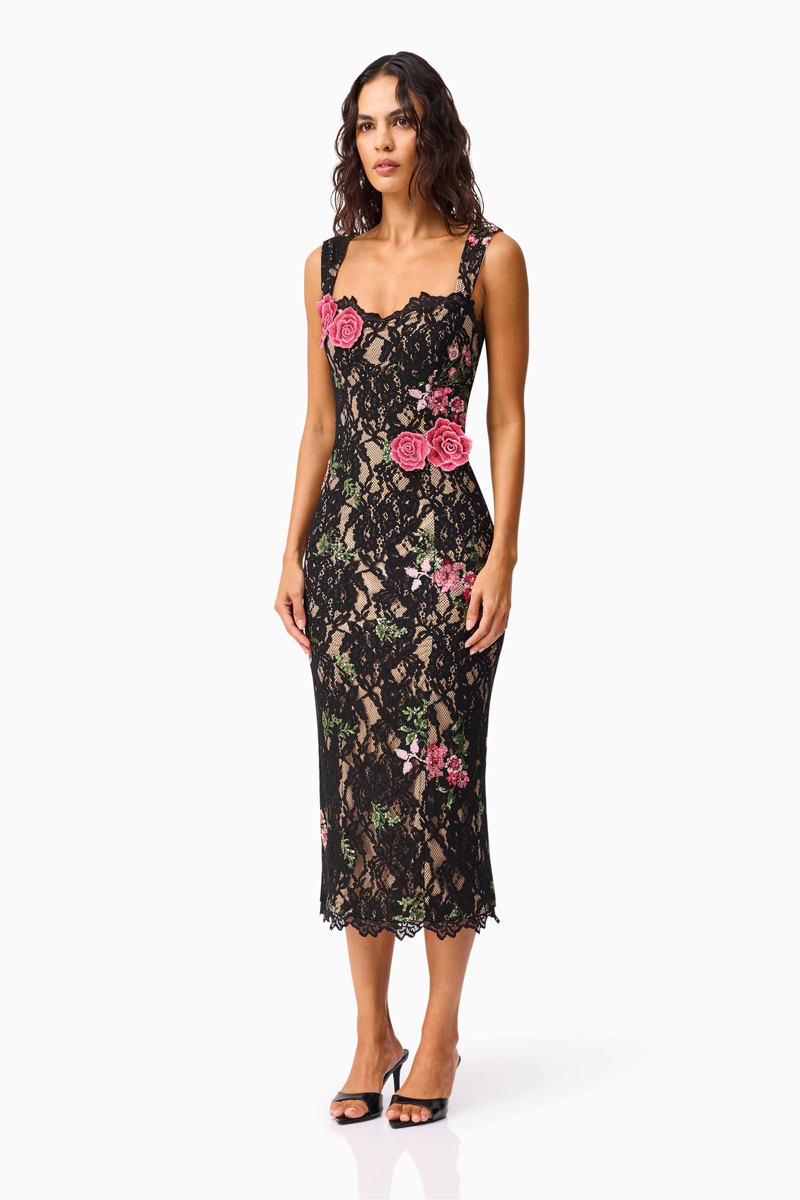 Morgaine Lace Midi Dress in Black