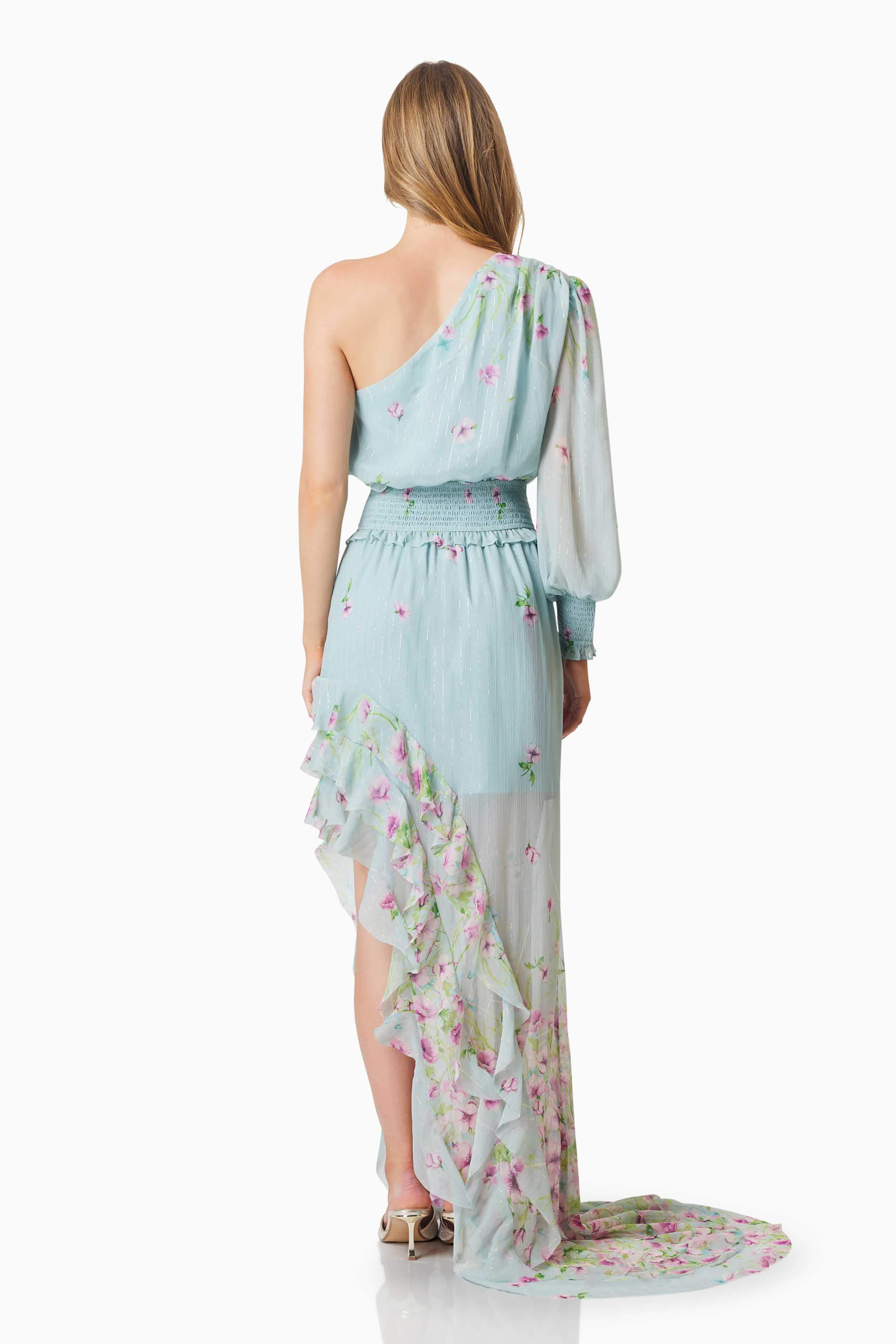 Quilla Hilo One Shoulder Maxi Gown In Blue