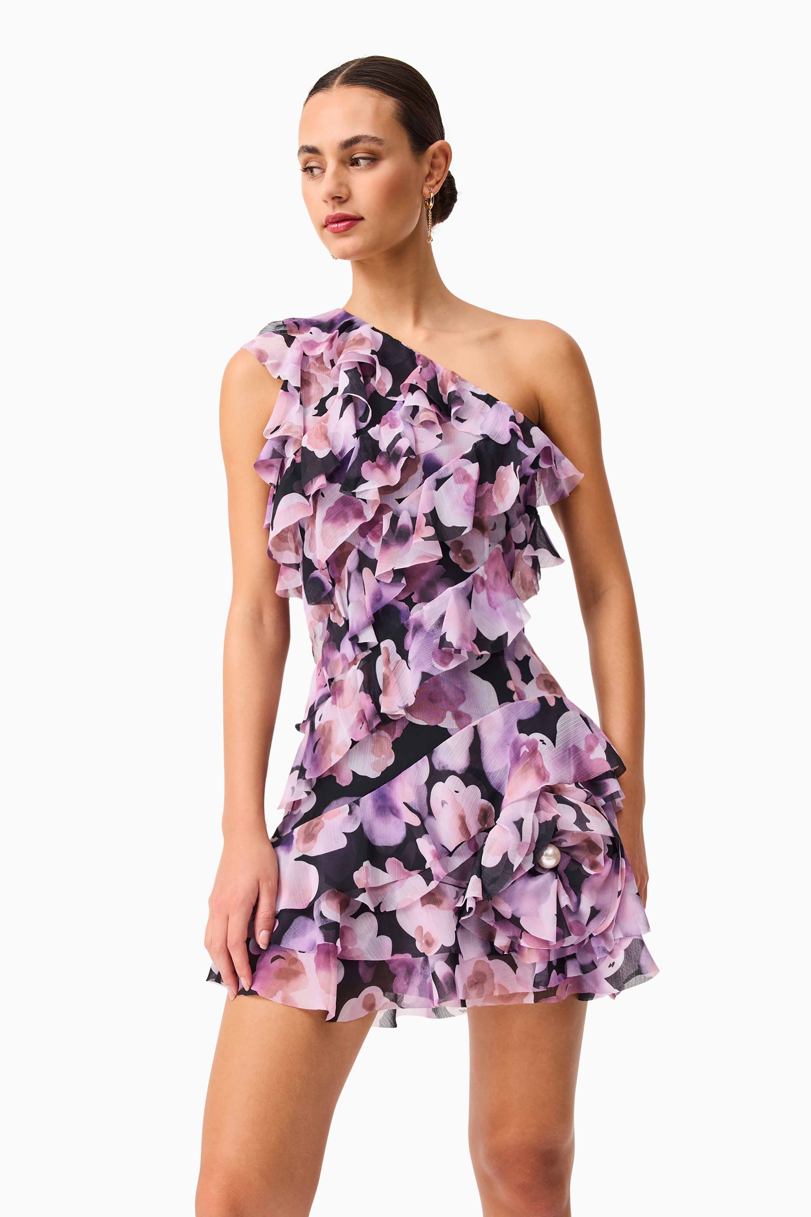 Solene One Shoulder Mini Dress in Purple Floral