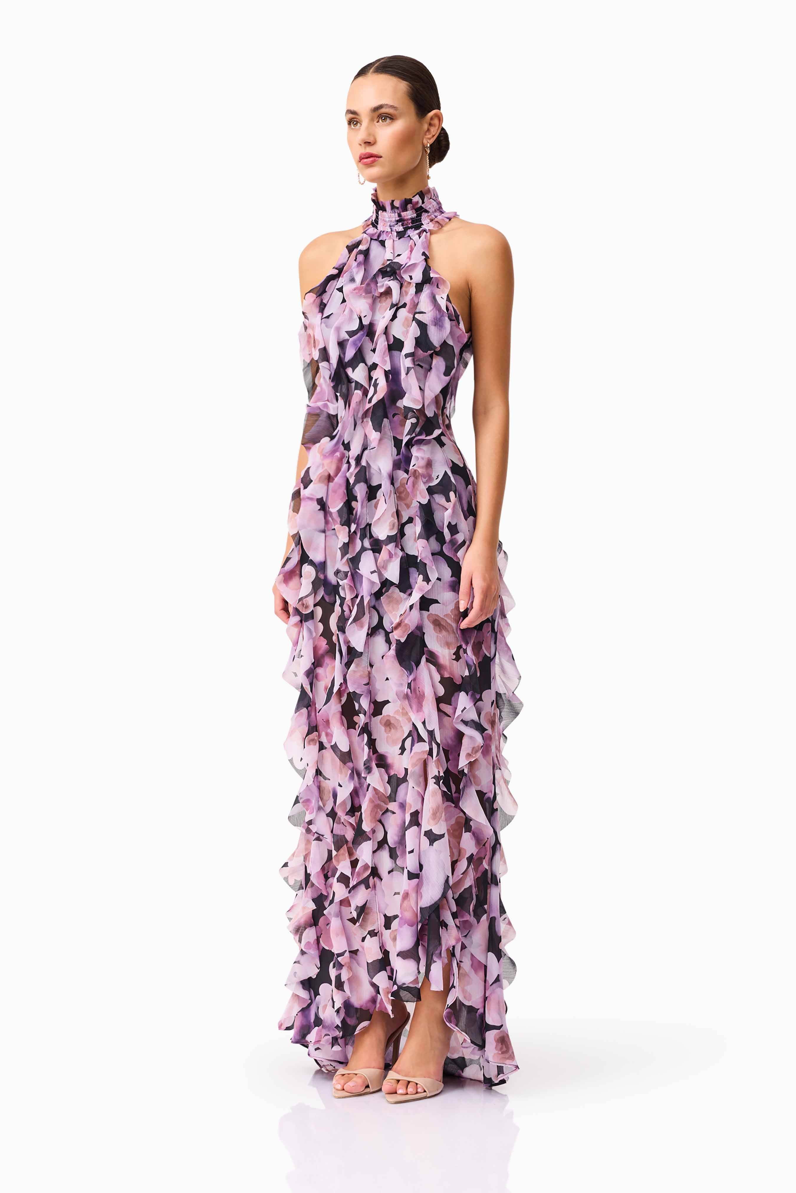 Solene Halter Gown in Purple Floral