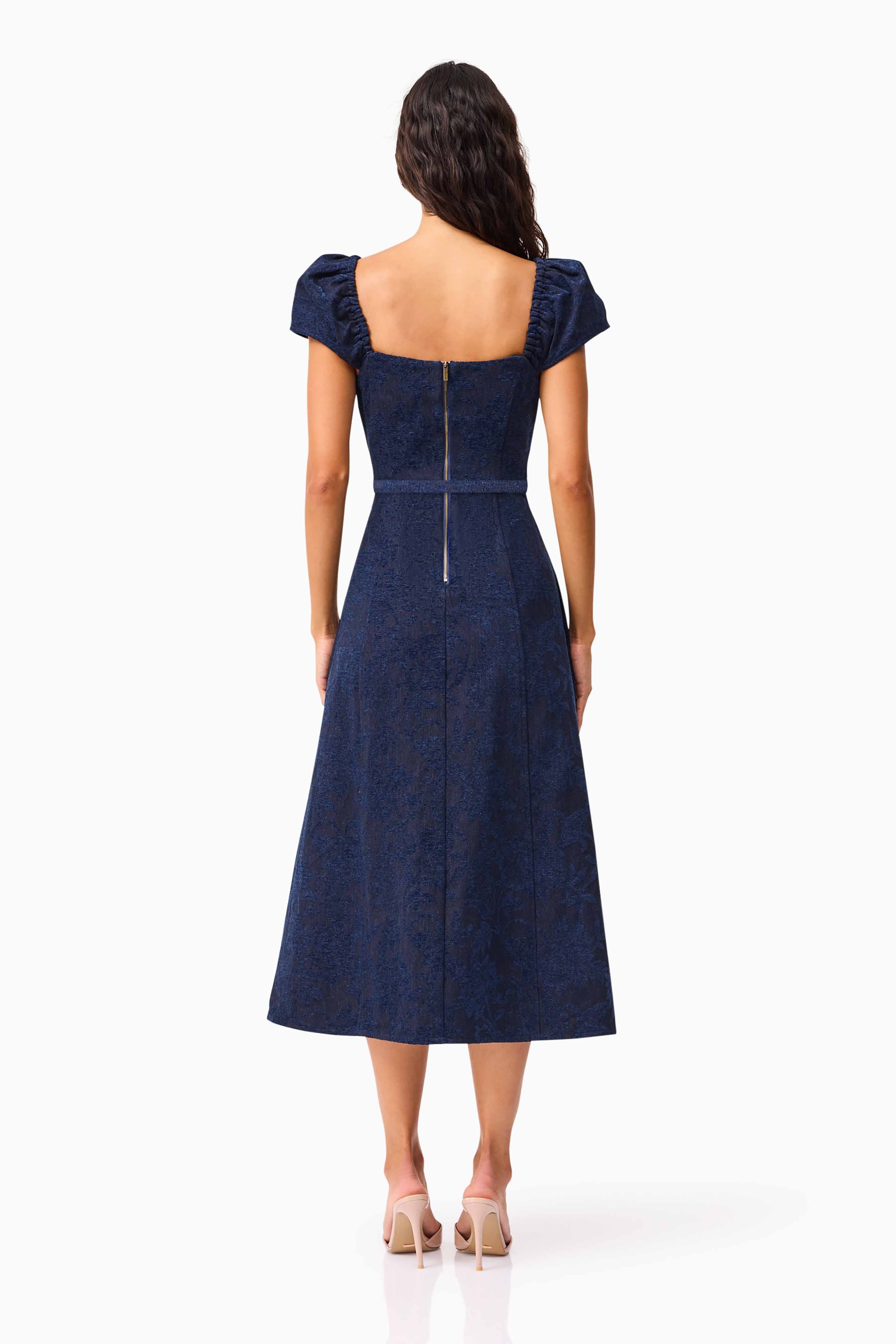 Melody Jacquard Short Sleeve Midi Dress in Blue
