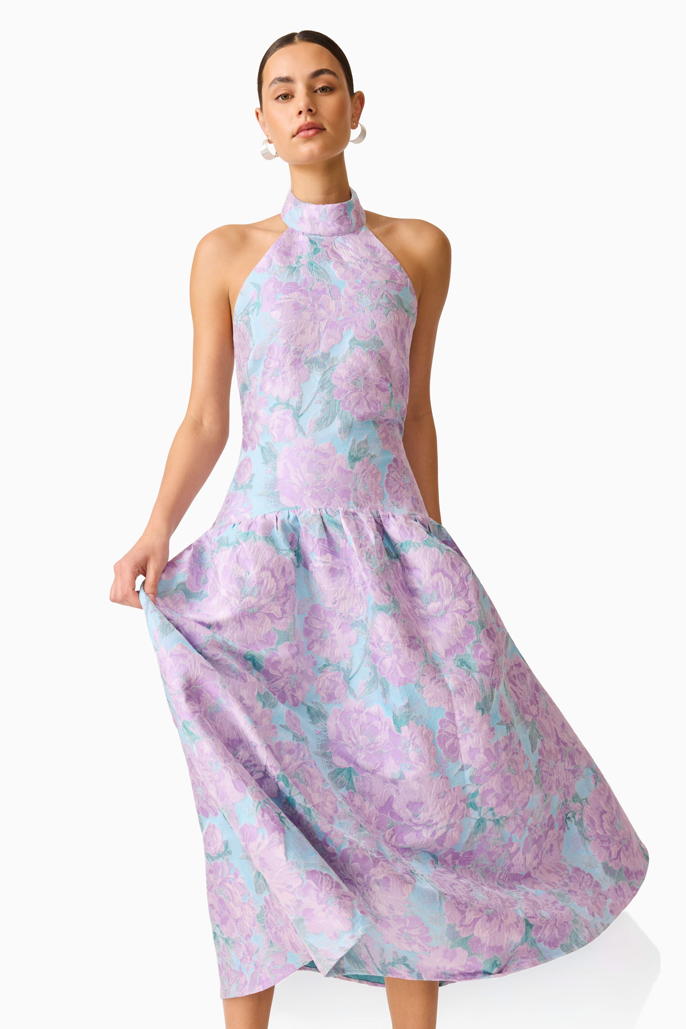 Nolana Halter Midi Dress in Blue & Purple Floral