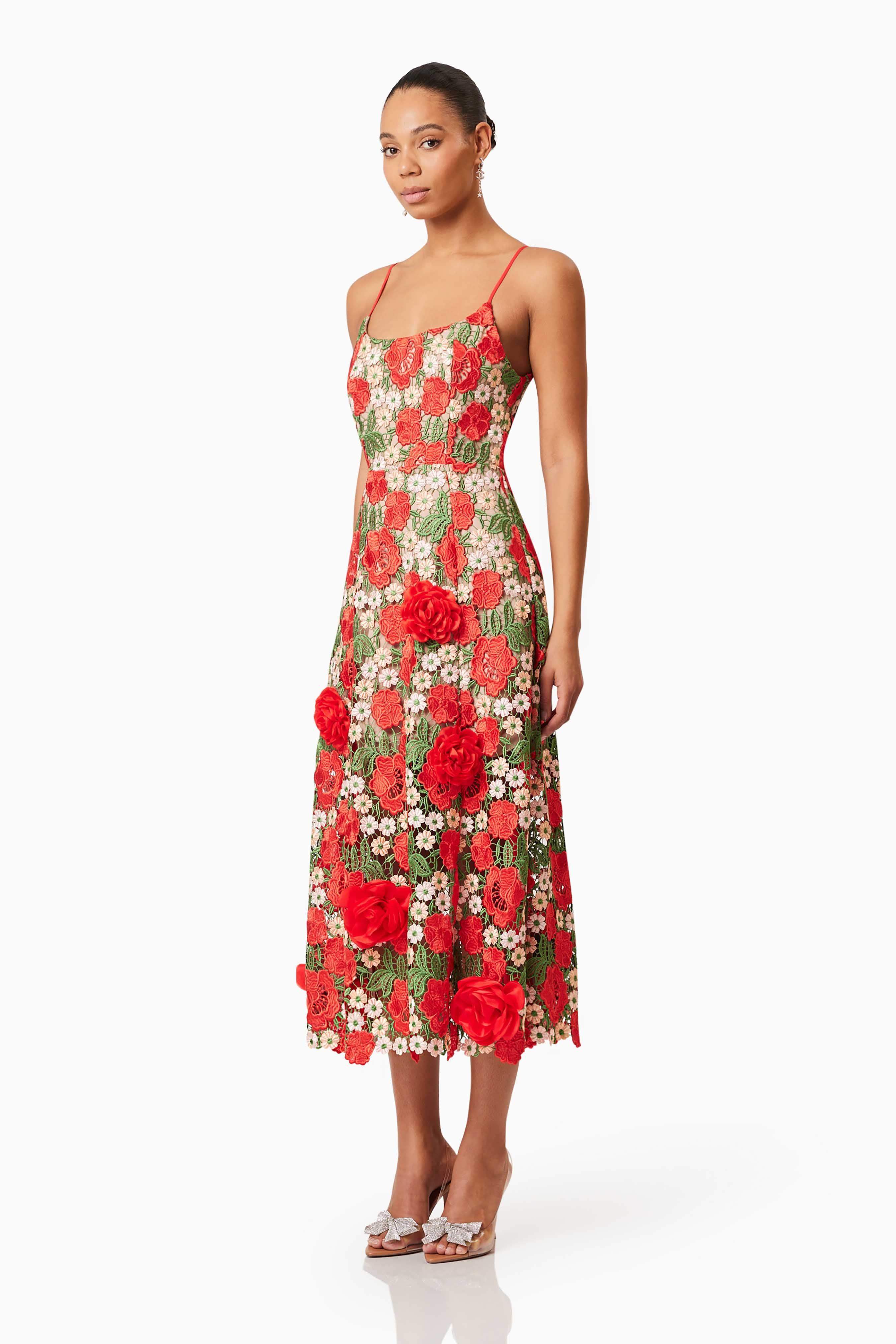Roselyn Embroidered Midi Dress In Red