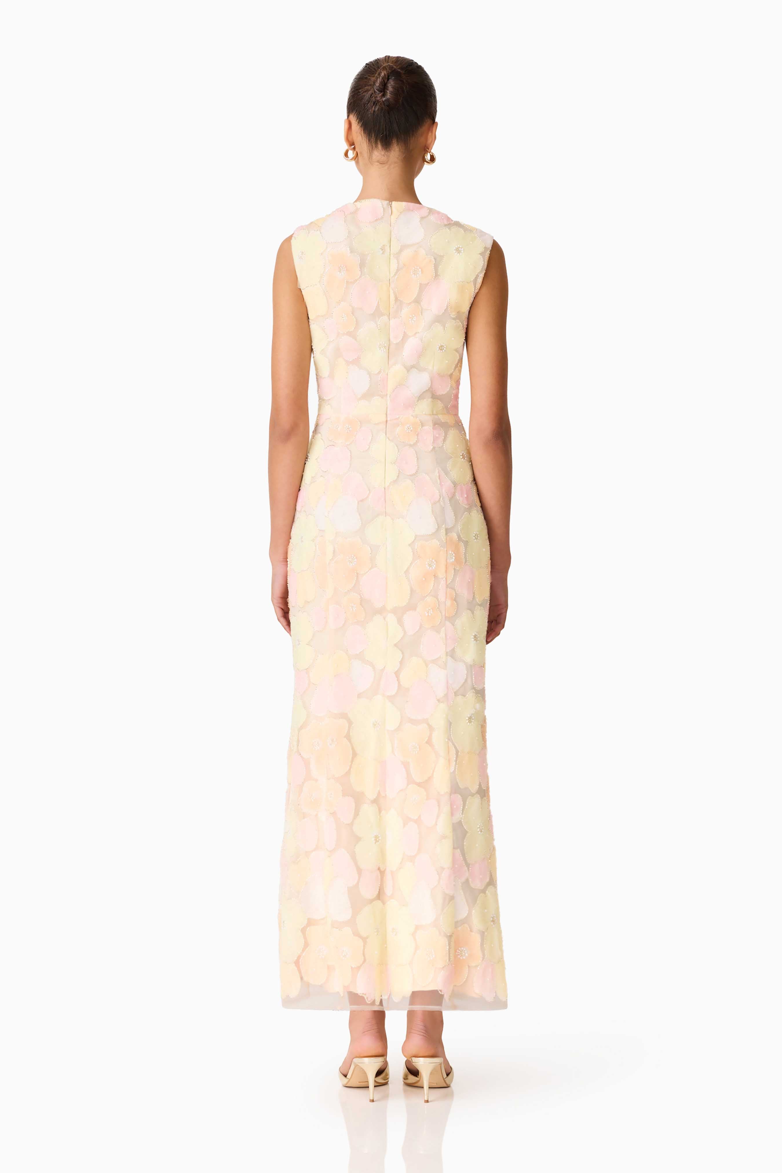 Zaria Sleeveless Gown in Yellow Floral
