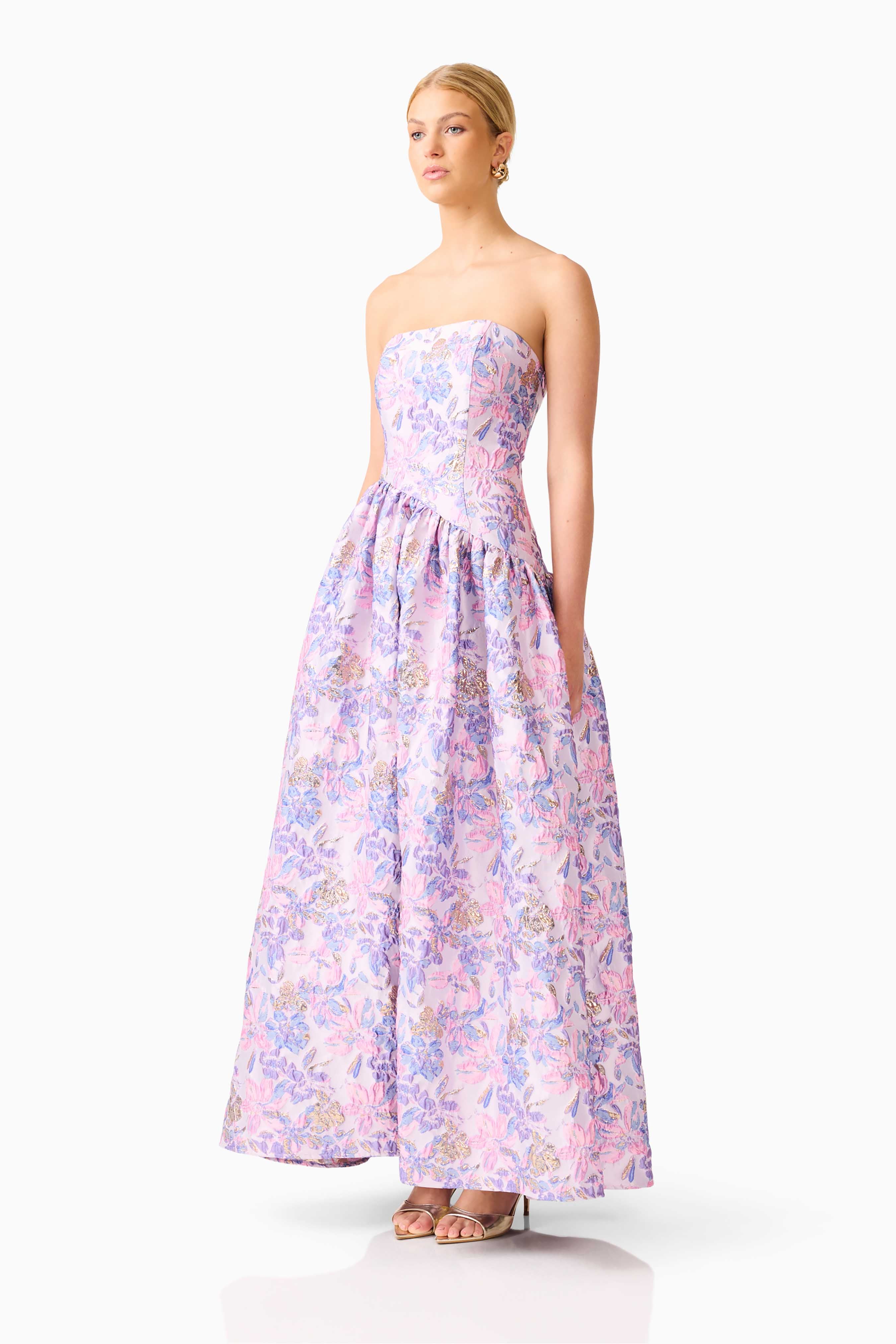 Marlene Asymmetrical Gown in Pink & Purple Floral
