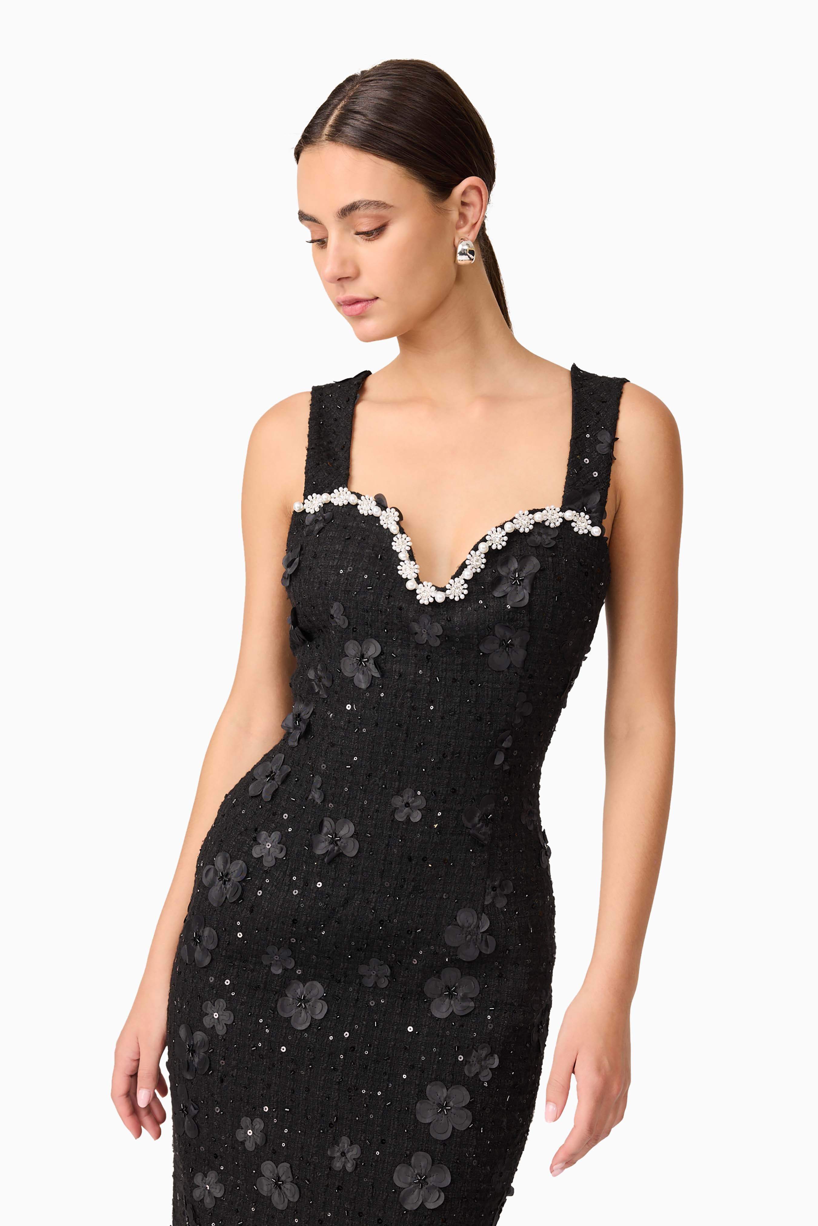 Ellouise Embellished Tweed Midi Dress in Black