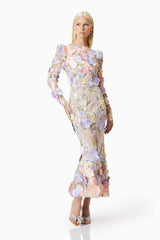 Shannon 3D Floral Midi Dress In Purple