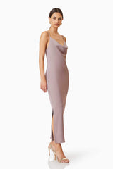 Kenna Cowl Neck Midi Dress In Beige
