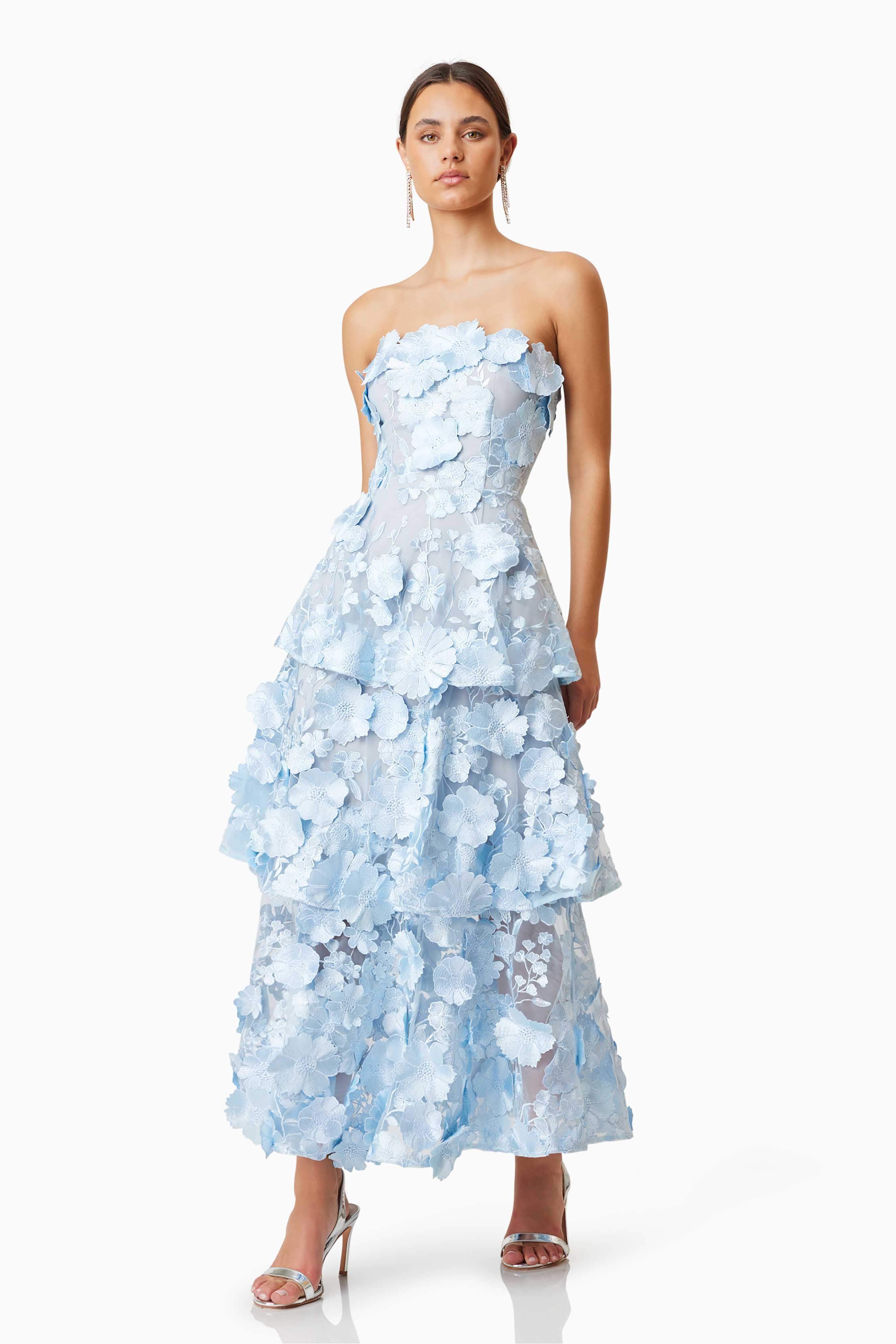 Selene Maxi Tiered 3D Dress In Blue