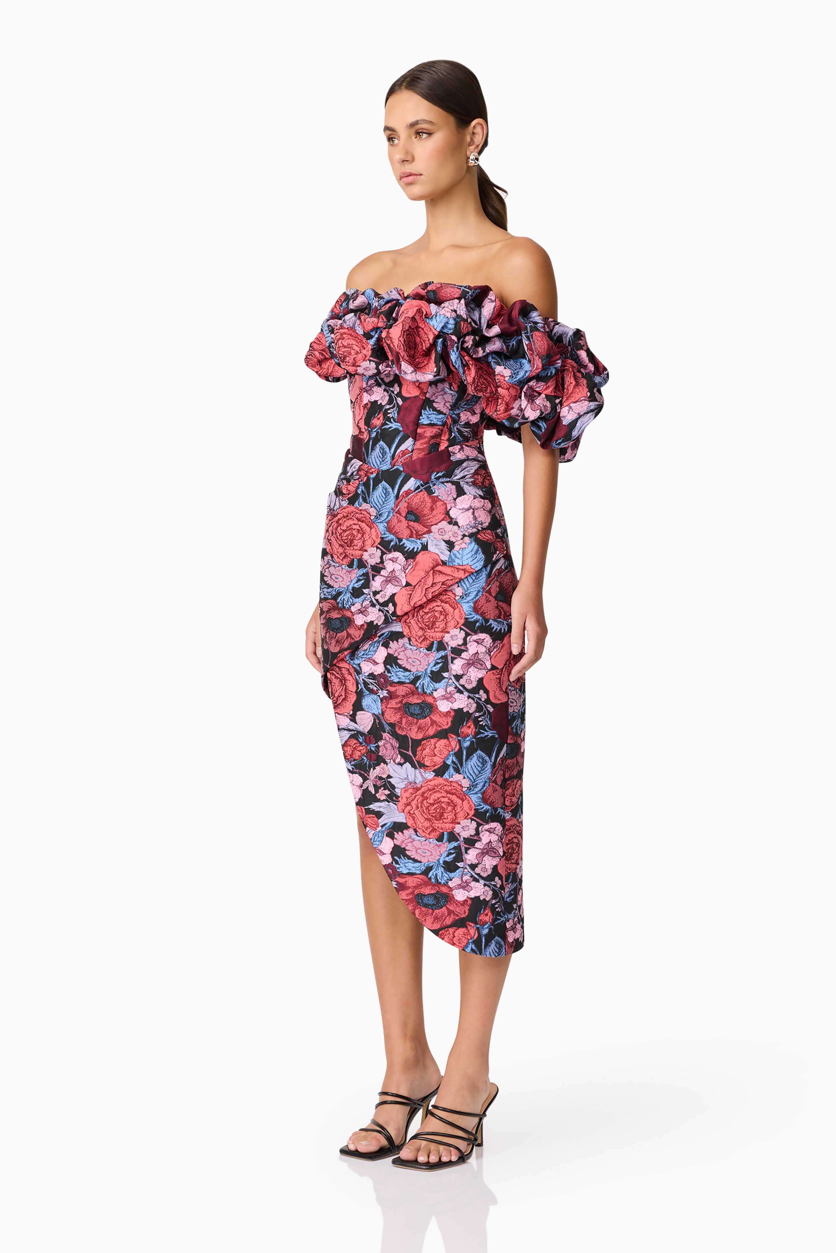 Delphine Off The Shoulder Midi Dress in Pink & Back Floral