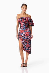 Delphine Off The Shoulder Midi Dress in Pink & Back Floral