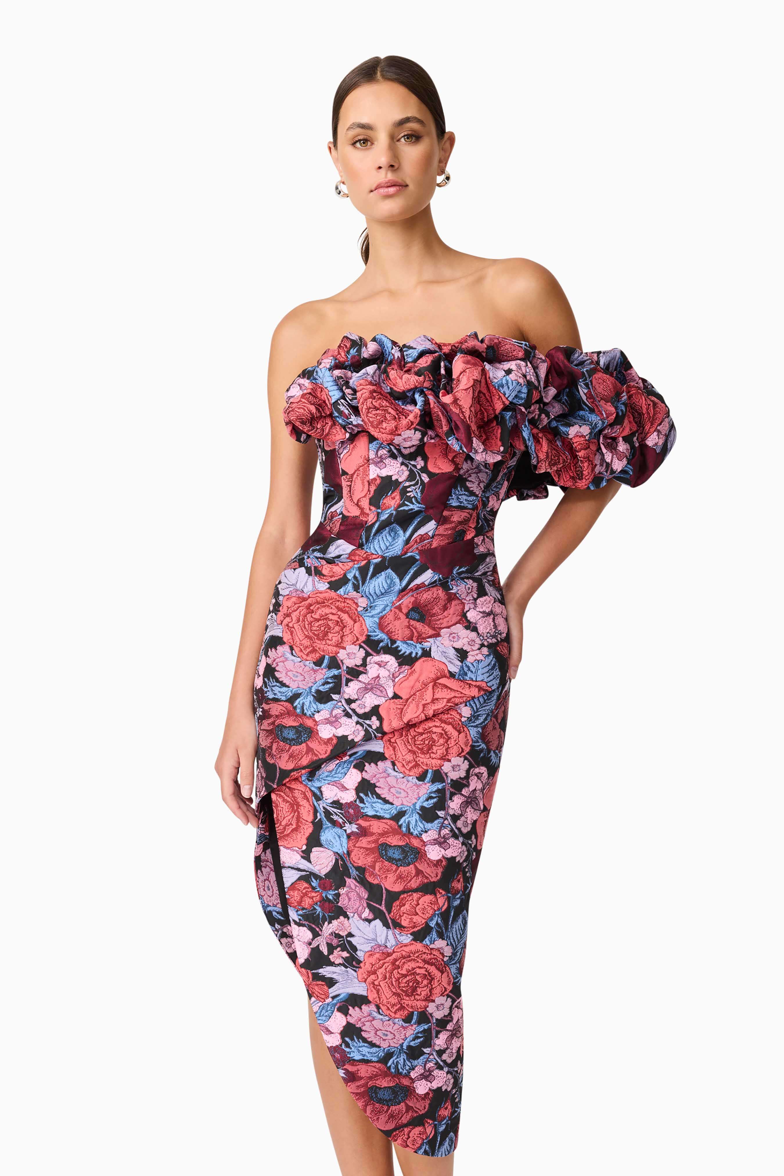 Delphine Off The Shoulder Midi Dress in Pink & Back Floral
