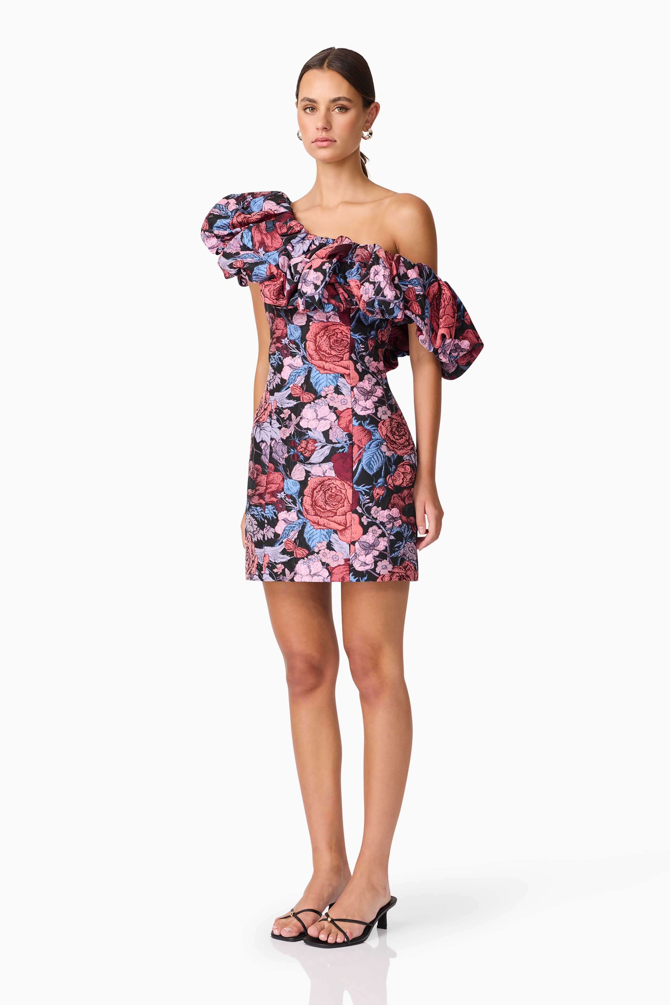 Delphine One Shoulder Mini Dress in Pink & Black Floral