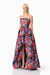Delphine Strapless Gown in Pink & Black Floral