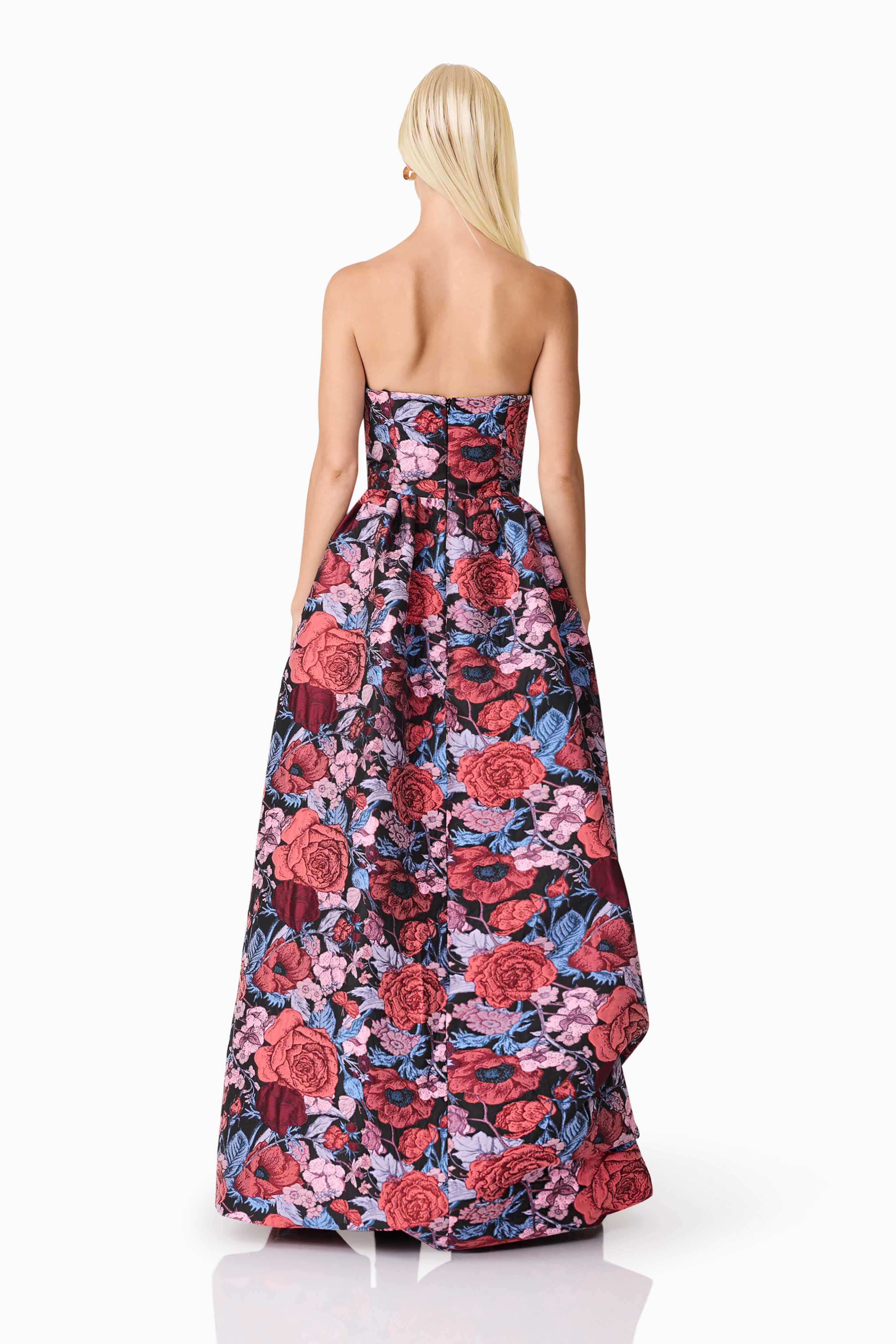 Delphine Strapless Gown in Pink & Black Floral