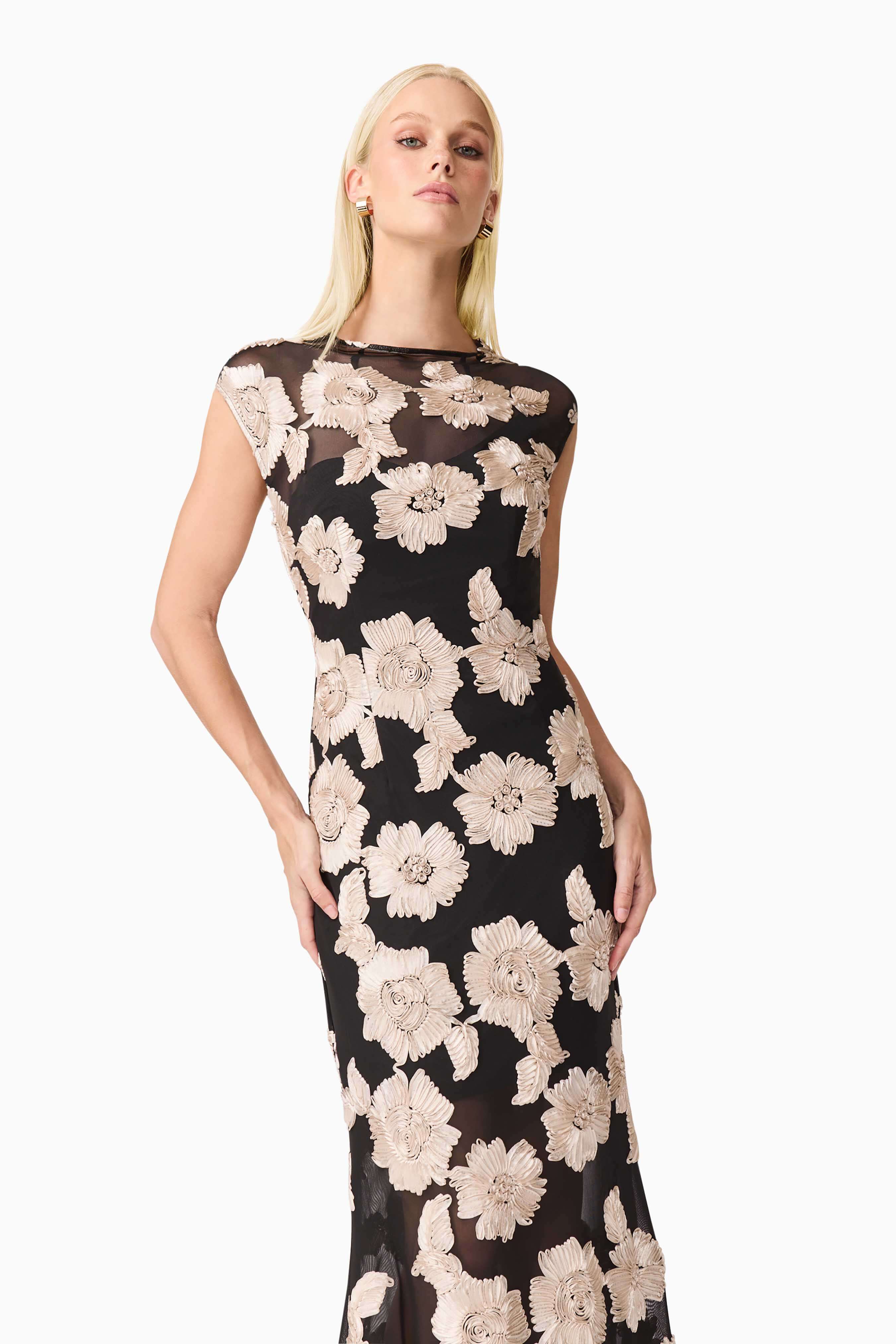 Margaux Fit & Flare Gown in Black & Gold Floral