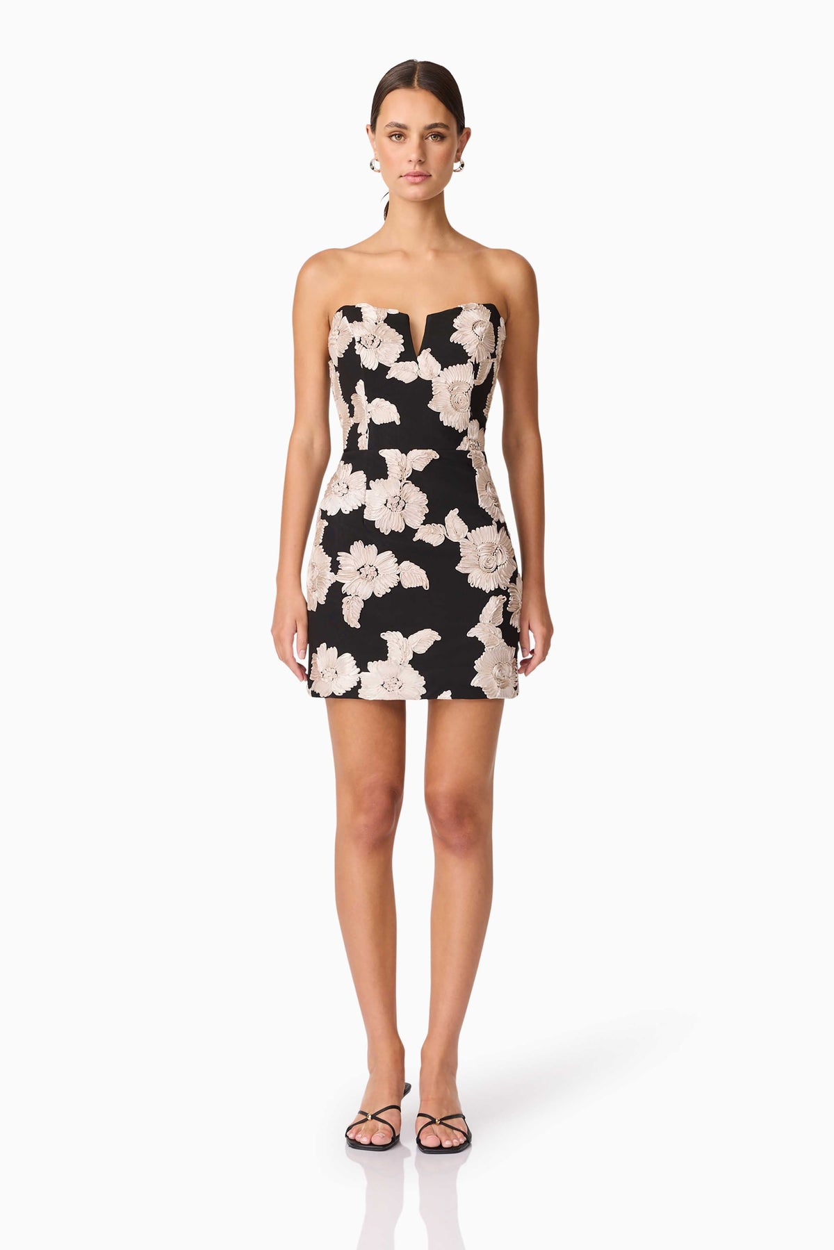 Margaux Strapless Mini Dress in Black & Gold Floral