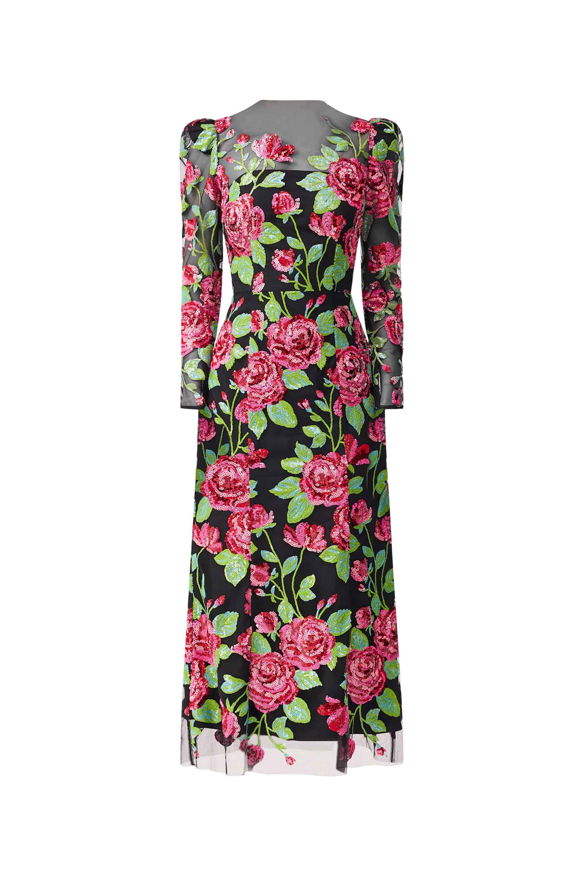 Lyra Sequin Long Sleeve Midi Dress in Pink & Green Floral